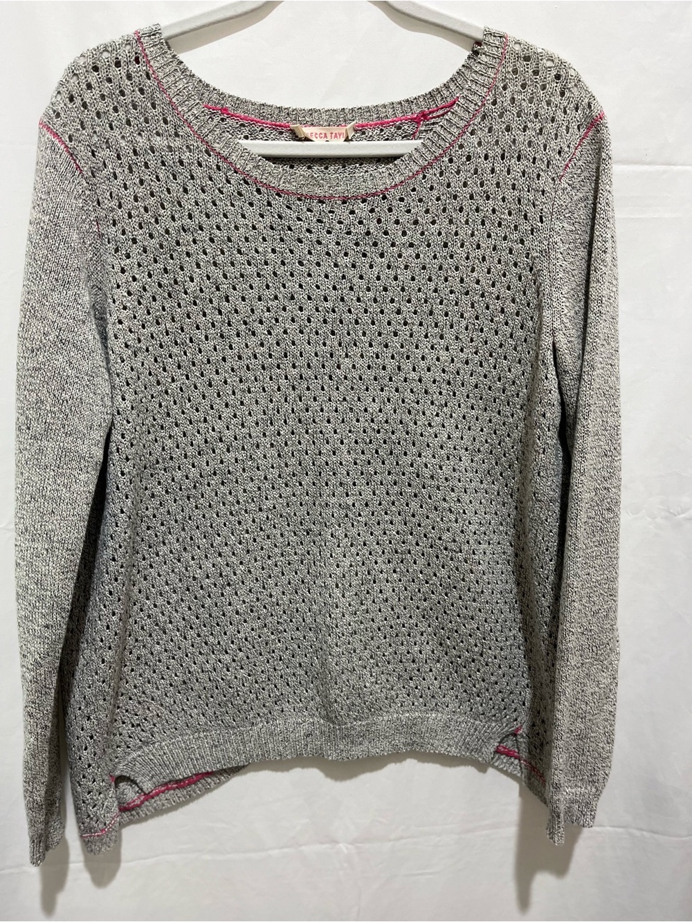 Rebecca Taylor Gray Open-Knit Crewneck Sweater with Pink Trim.75%cotton